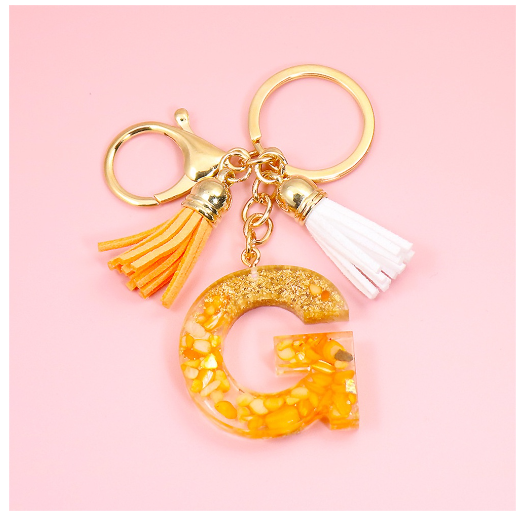Tassel Gold Foil A-Z 26 Letter Pendent Keychain for Women Orange Resin Keyrings Girls Bag Ornamant Accessories Charms Gifts G