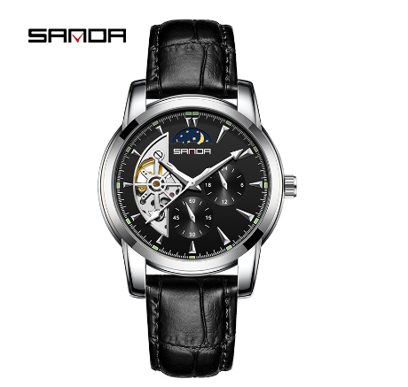 Sanda Premium Commercial Steel Strap Three Hand Water Resistant Luxury Quartz Watch SILVER BLACK LEATHER STRAP