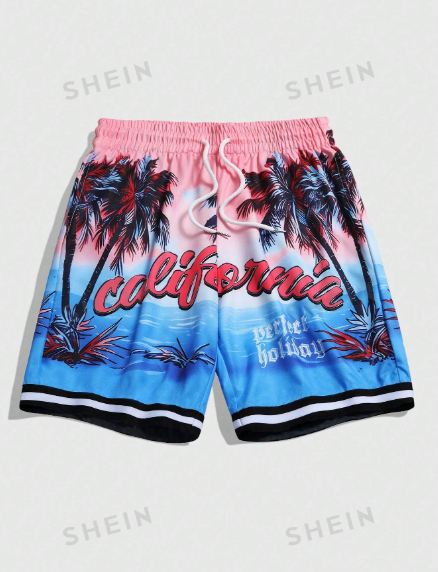 ROMWE Street Life Men's Coconut Tree & Letter Printed Drawstring Casual Summer Shorts
