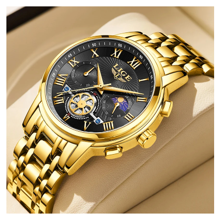 LIGE Business Waterproof Watch Men Fashion Military Quartz Stainless Luxury Sports Full Calendar Chronograph Watch GOLD BLACK