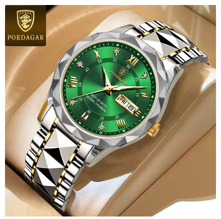 POEDAGAR business watch for men water proof original fashion luxury tungsten steel calendar luminous display prismatic diamond dial Watch GOLD GREEN