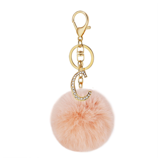 New 26 Letter Rhinestone Alloy Keychain Charm Girls Pink Pompom Key Ring Car Key Holder Women Bag Ornaments Accessories C