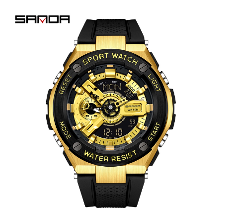 Sanda Popular Dual Display Quartz Electronic Fashion Luxury Anti Drop Sports Military Watch BLACK GOLD