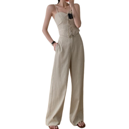 Lovito Women Casual Plain Button Front Side Stripe Pants Sets LNA39049 (Vest)