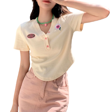 Lovito Casual Letter Button Front Appliques T-Shirt for Women LNE16156 (Apricot)