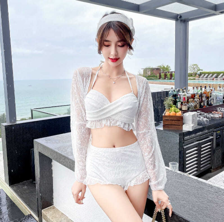 Fairy Fan Split Three Piece Lace Sexy ins Wind Boxer Long Sleeved Hot Spring Swimsuit