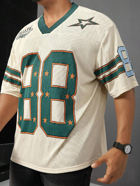 Manfinity Plus Size Men's Casual V-Neck Numeric Print Short Sleeve T-Shirt For Summer