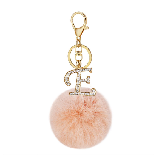 New 26 Letter Rhinestone Alloy Keychain Charm Girls Pink Pompom Key Ring Car Key Holder Women Bag Ornaments Accessories E