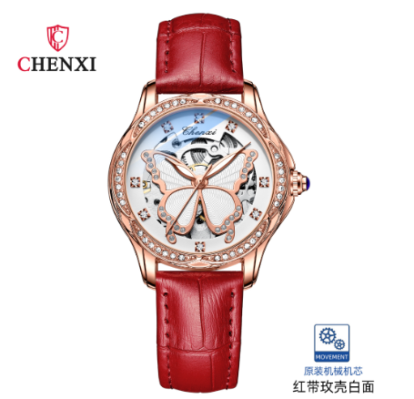 CHENXI Luxury Automatic Watch for Woman Waterproof 2023 Sale Original Imported Mechanical Movement Genuine Leather Watch RED