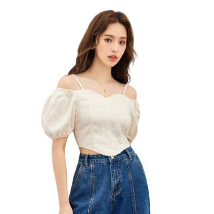 Lovito Women Casual Plain Short Puff Sleeve Zipper Square Neck Blouse L47ED031 (White)