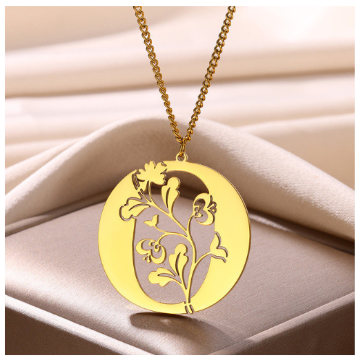 Beauty Flower A-Z Letter Necklaces for Women Men Stainless Steels Flower Initial Pendant Necklace O