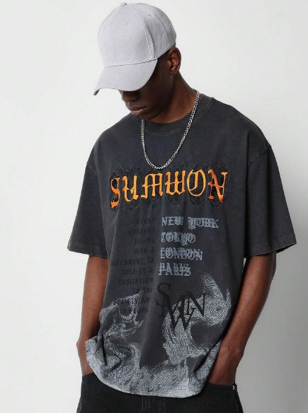 SUMWON Washed Tee With Contrast Embroidery College Ready
