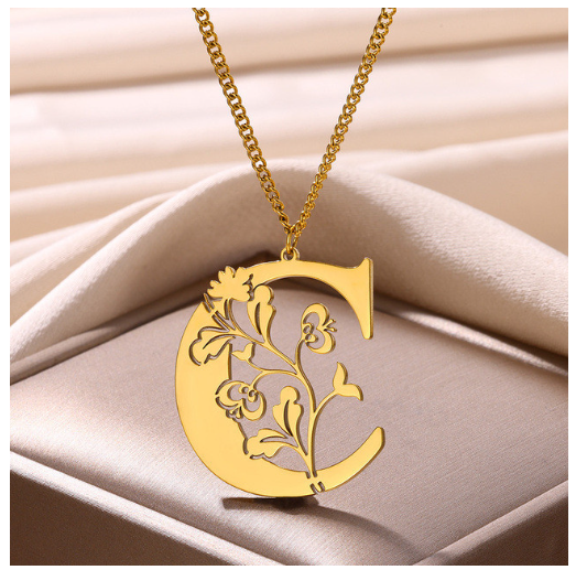Beauty Flower A-Z Letter Necklaces for Women Men Stainless Steels Flower Initial Pendant Necklace C