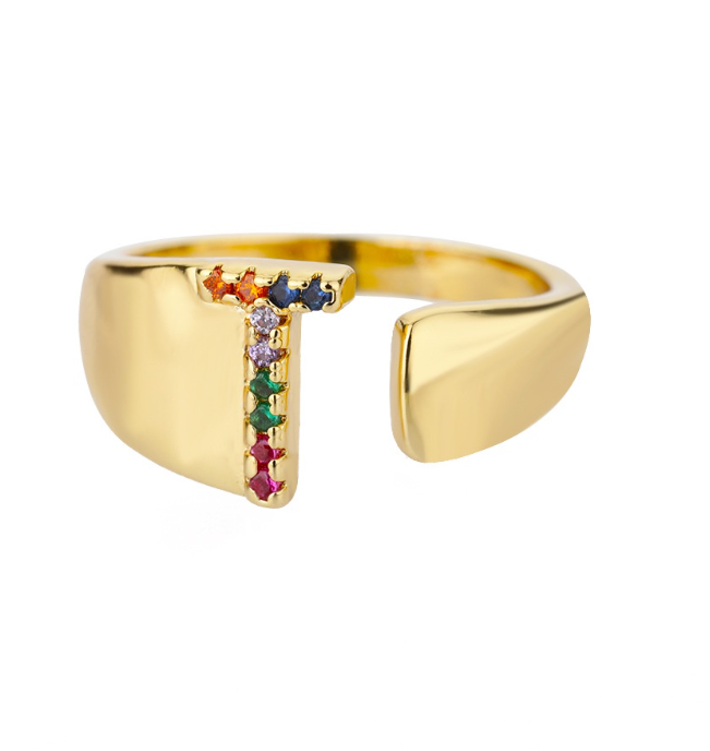 Maxzone Fashion Colorful Chunky Wide Letter A-Z Rings For Women Gold Opening Initial Letter Ring Femme Wedding Party Jewelry T