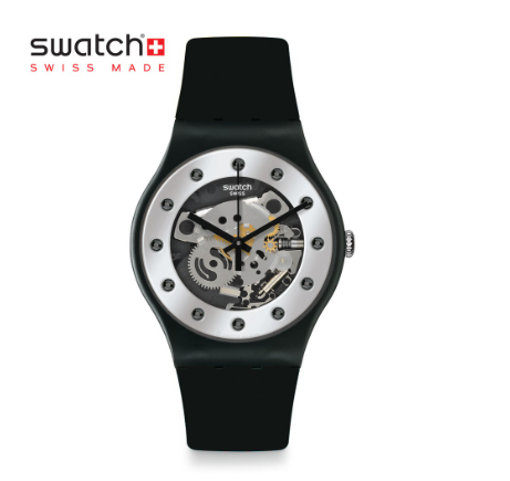 Swatch New Gent Silver Glam Again SUOZ147 Black Silicone Strap Watch