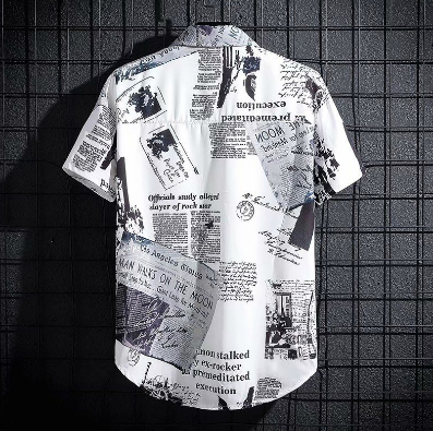 【M-5XL】Men's Short Sleeve Printed Shirt Fashion Short Sleeve Shirt Hong Kong Style Loose Shirt Cool Casual Newspaper Shirt Top