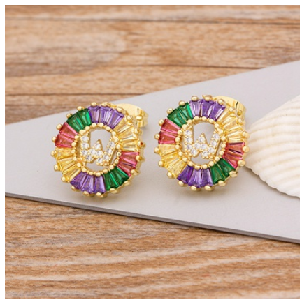 Colorful Choice 26 Initial Letters Earrings Cute Alphabet Copper CZ A-Z Rainbow Stud Earrings Name Jewelry W