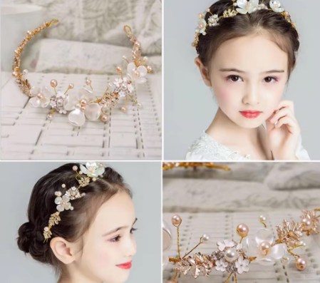 Girls Women Rhinestone Gold Flower Wedding Imitation Pearls Bridal Hair Accessories Crown Headband