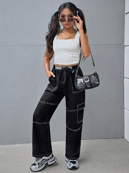 SHEIN Teen Girl Knitted Solid Color Ribbed Vest Woven Contrast Color Utility Pocket Grid Belted Pants Casual 2pcs Set