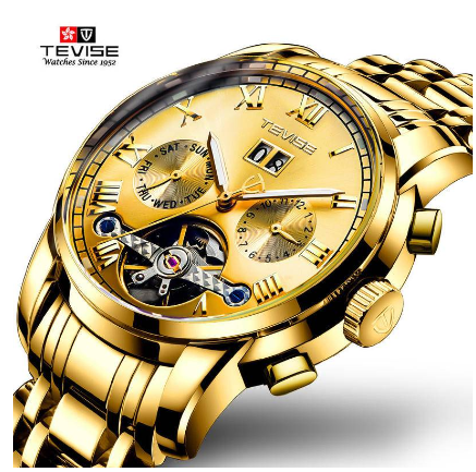 Original TEVISE Watch for men Waterproof watch Automatic Multifunction Chronograph Calendar Month Week Gold Luxury Stainless 5