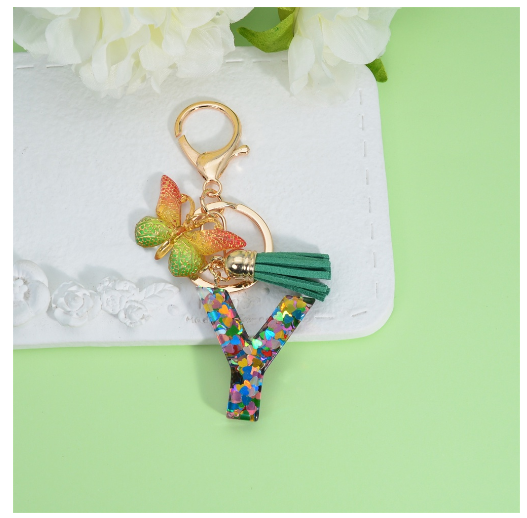 Fashion Butterfly Pendant 26 Letter Keychain Heart Sequins Filled A-Z Initial Key Chains With Tassel Bag Charms Accessories Gift Y