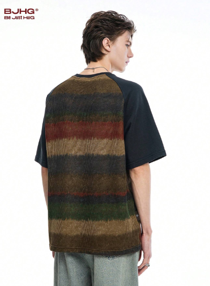 BJHG Striped Knitted Short Sleeve T-Shirt Men's Summer New Loose-Fit Couples Tee