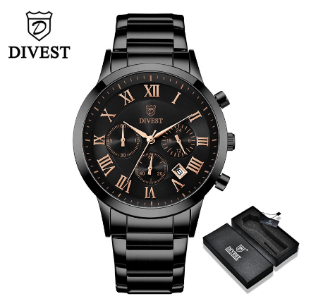 DIVEST Men's Watches Brand Fashion Luxury Sport Stainless Steel Business Quartz Men Watch Waterproof 9009 BLACK ROSEGOLD