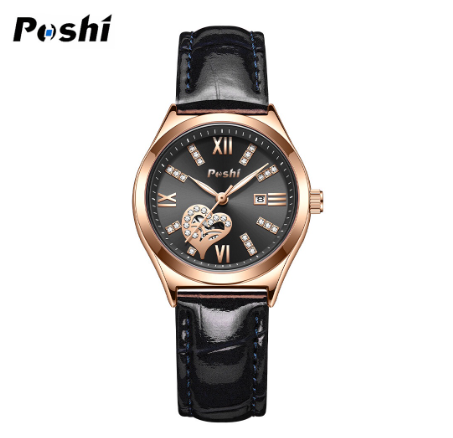 POSHI Brand Watches Women's Fashion Korean Diamond Quartz Leather Waterproof Ladies Watch BLACK