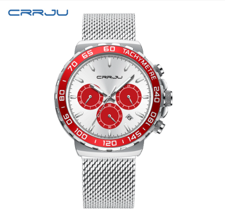 CRRJU Mens Watches Stainless Steel Waterproof Analog Quartz Fashion Business Multifunction Timing Auto Date 2300 X RED