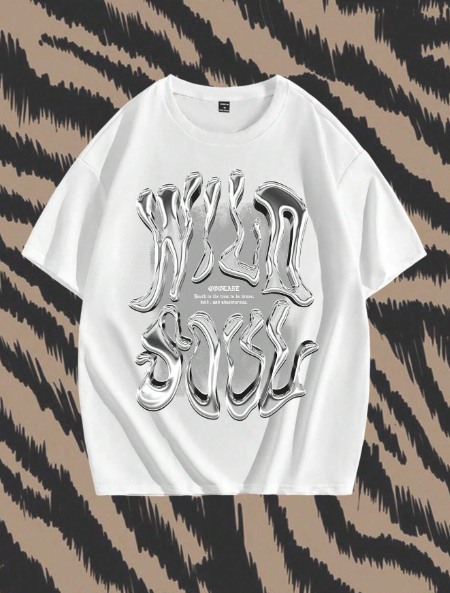 Manfinity ZONE917 Men's Plus-Size Street-Style Vintage Creative Metallic Flowing English Pattern Loose White Short-Sleeve T-Shirt, Suitable For Summer.