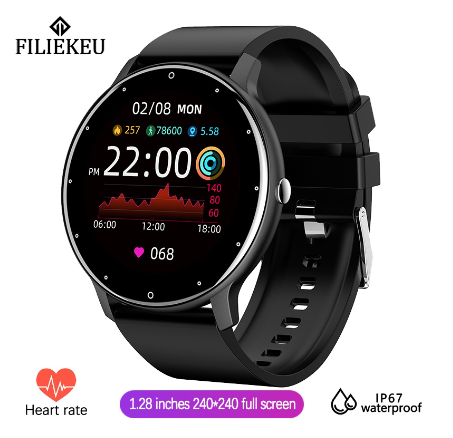 FILIEKEU Fashion Smart watch Full touch screen Waterproof Fitness Tracker Heart rate Multifunction Sports couple smartwatch SILICONE BLACK