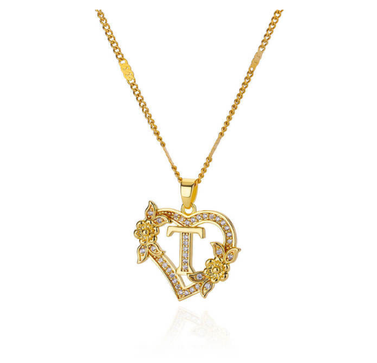 Zircon Stainless Steel Heart Flower Letter Necklaces For Women Gold Color A-Z Letter Heart Necklace T