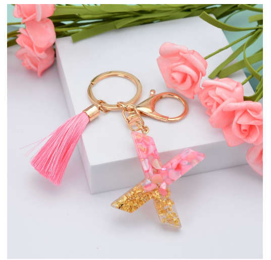 Pink Tassel Gold Foil 26 Letter Pendent Keychain for Women Resin Keyrings Girls Bag Ornamant Accessories Gifts X