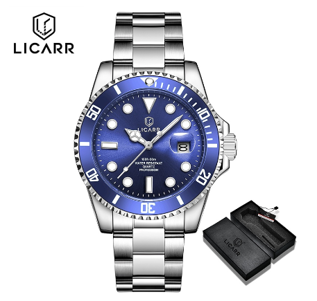 LICARR Brand Men's Watches Top Luxury Casual Sport Military Quartz Men Watch Fashion Luminous Waterproof 9512 SILVER BLUE