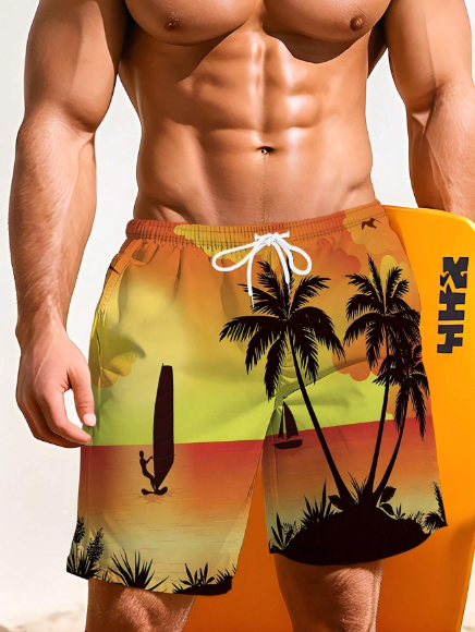 Men's Palm Tree Printed Drawstring Waist Loose Beach Shorts Swim Trunks For Vacation