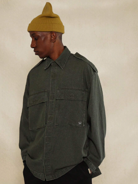 SUMWON Boxy Longline Utility Denim Shirt With Shoulder Tab Detail