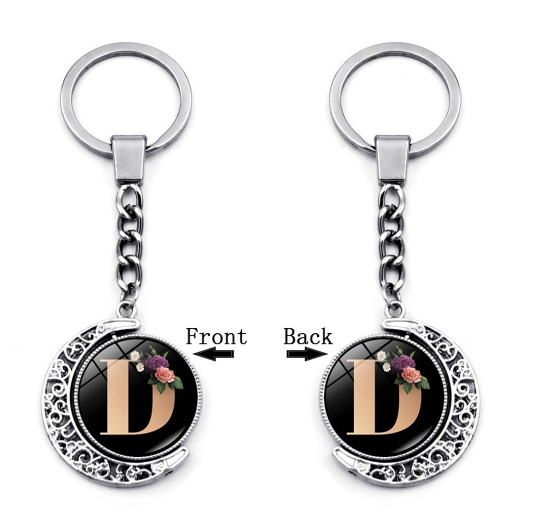 1PC Exquisite 26 Letter Glass Keychains Double Sides Moon Flower A-Z Initials Keyrings Handbag Charms Ornaments Gifts D