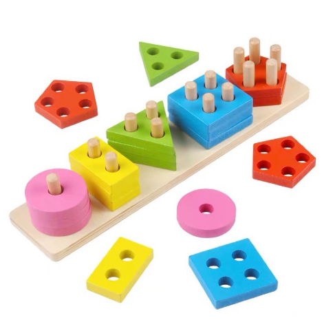 Wooden puzzle toys with shapes, colors, stacked blocks, puzzle toys