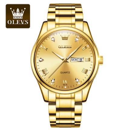 OLEVS Watch For Men Water proof Quartz Man Mens Watches Original Relo Sliver With Box Business Calendar Steel Belt Gold Luminous 003