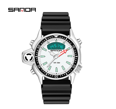 Sanda Waterproof Men Watch Sports Multifunctional Digital Dual Display Mens Watch BLACK WHITE