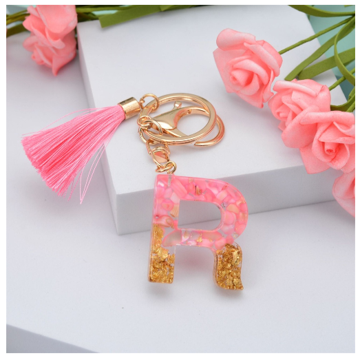 Pink Tassel Gold Foil 26 Letter Pendent Keychain for Women Resin Keyrings Girls Bag Ornamant Accessories Gifts R