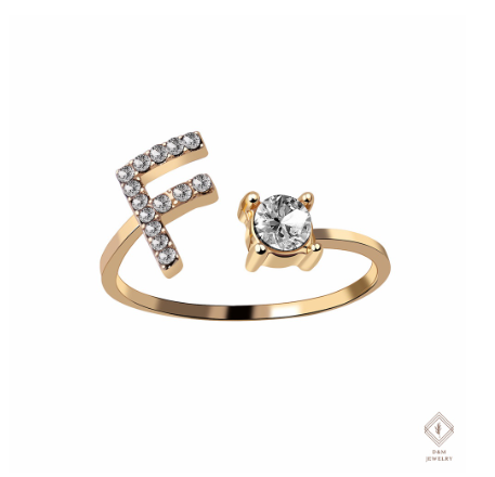 26 Letter Rings Cubic 14K Gold Promise Ring Diamond Ring Wedding 925 Silver Ring Adjustable Size F