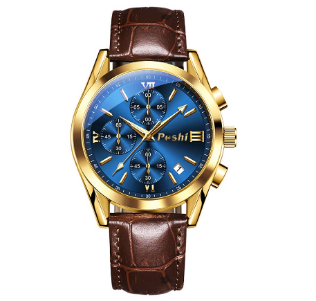 POSHI Men Watch Original Waterproof Exquisite High-End Sports Quartz Watches For Authentic Leather GOLD BLUE