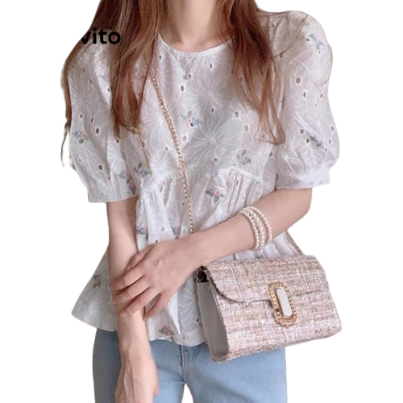 Lovito Casual Floral Ruched Eyelet Embroidery Puff Sleeve Blouse for Women LNE13104 (White)