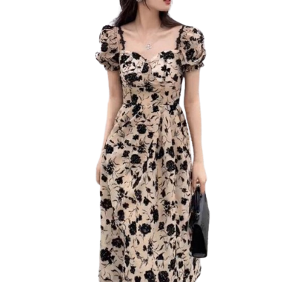 Lovito Casual Floral Draped Halter Short Sleeves Midi Dress for Women LNA13006 (Khaki)