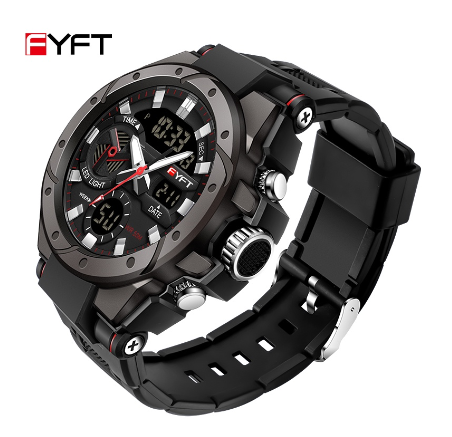 FYFT Sports Brand Fashion Luxury Waterproof Men Watch Time Code Watch Alarm Clock Multifunctional Men's Watch BLACK RED