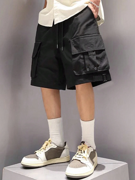 Manfinity EMRG Men's Loose Fit Cargo Baggy Shorts Knee Length Plain Black Going Out Fashion
