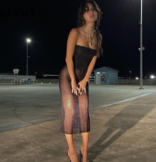 Women's Sexy Low Cut Mesh See Through Glitter Off Shoulder Party Dress
