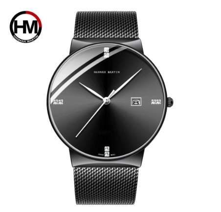 Hannah Martin Fashion Blue Black Gradient Men Watch Diamond Business Waterproof Calendar Wristwatch Japanese Movement Quartz BLACK SILVER