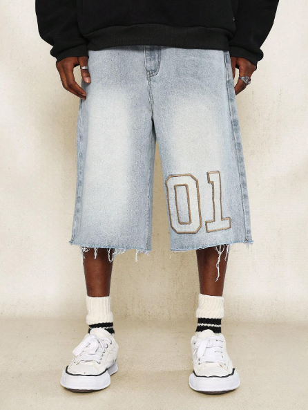 SUMWON Raw Edge Denim Jort With Number Applique Design